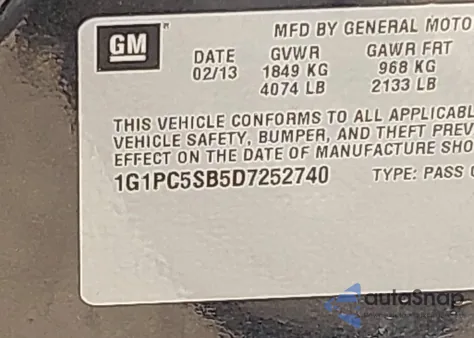 2013 Chevrolet Cruze 1Lt Auto from USA, damaged, VIN 1G1PC5SB5D7252740